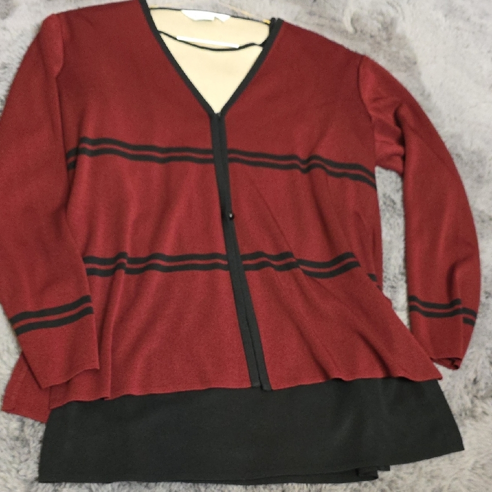 Misook Black, Beige Cream Tank, Burgundy And Black Striped 3 Button Cardigan Set